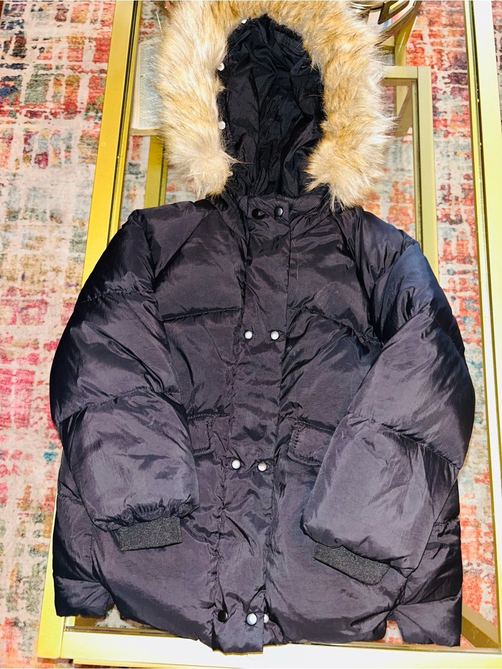 Zara Black Puffer Jacket with Faux Fur Trim Hood